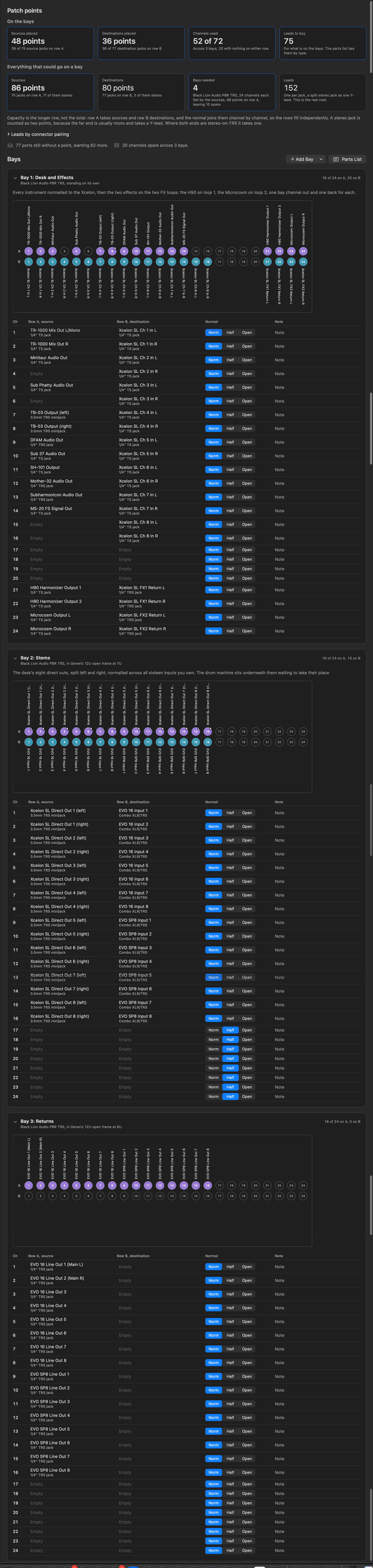 The complete patchbay designer: the point count, three bays each with its 24 channels drawn as a strip, and the channel schedule with the normal for every pair