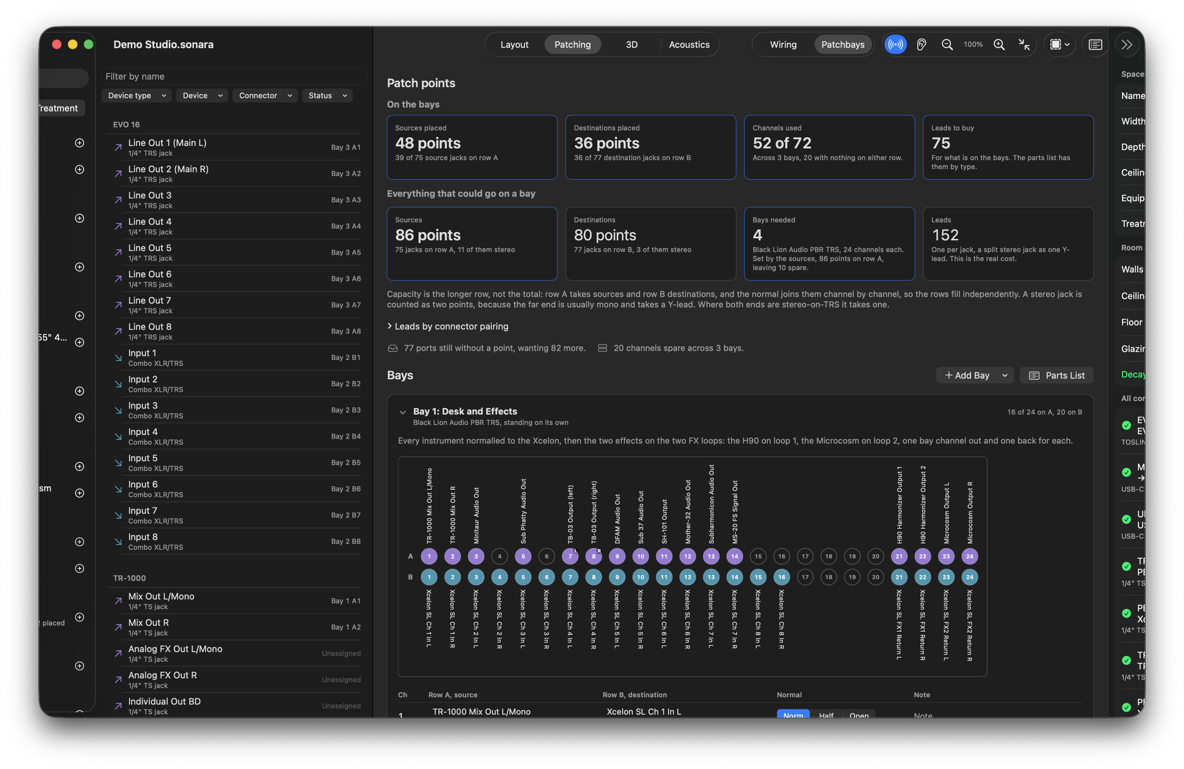 The patchbay designer: the room's sources and destinations counted, the number of bays needed, and every channel assigned with its normal shown