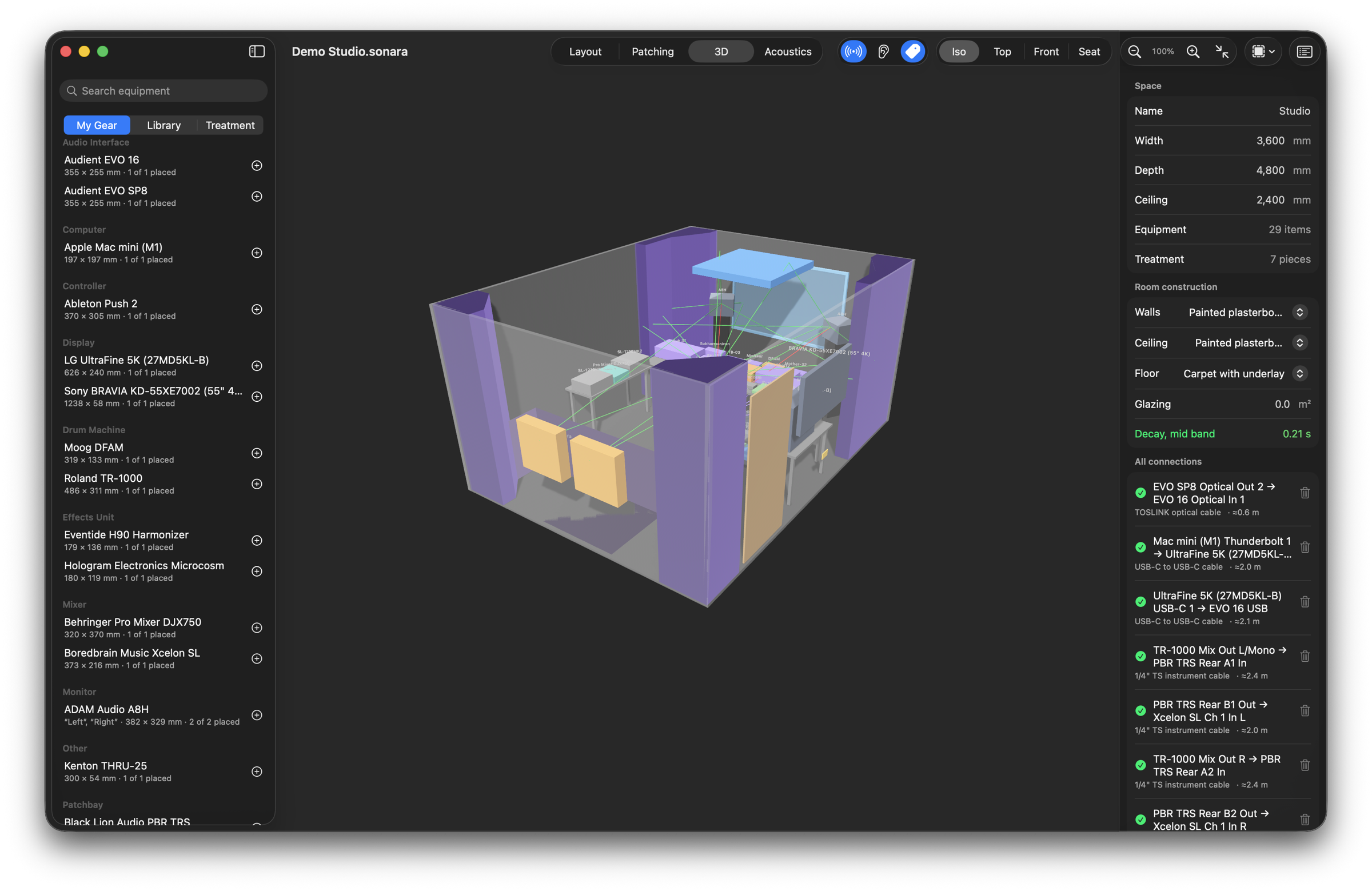 The 3D room view: the room as drawn, treatment on the walls and in the corners, the gear where it stands, reflections traced through the space